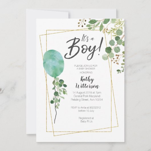 Es ist eine Boy Watercolor Greenery oh Babydusche Einladung (Vorderseite)