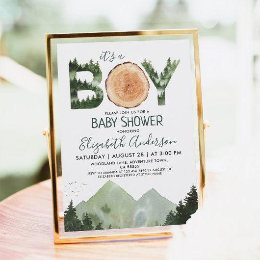 Es ist eine Boy Watercolor Woodland Babydusche Einladung