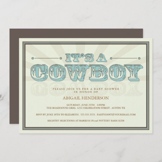 Es ist eine Cowboy-Land-Babyparty-Blau-Einladung Einladung (Vorne/Hinten)