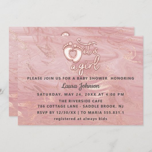 Es ist eine Girl Baby Dusche Rose Marmor Pink Feet Einladung (Vorne/Hinten)