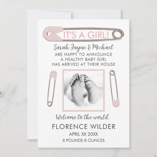 Es ist eine Girl Baby Foto Pink Birth Ankündigung (Vorderseite)