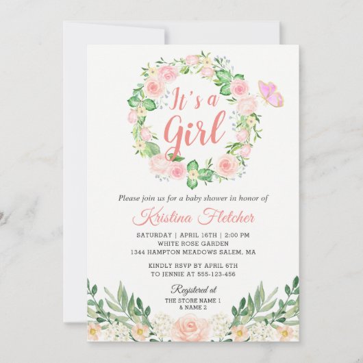 Es ist eine Girl Blush Peach Floral Garden Baby Du Einladung (Vorderseite)