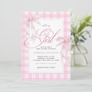 Es ist eine Girl Bows & Pink Gingham Kariert Baby Einladung