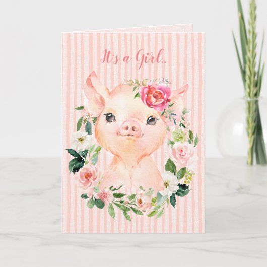 Es ist eine Girl Floral Pig Baby Duschkarte Karte (Vorderseite)