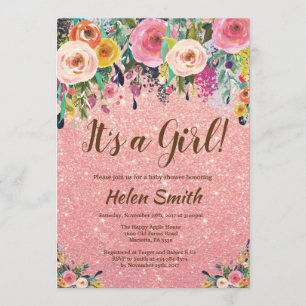 Es ist eine Girl Floral Rose Gold Glitzer Baby Dus Einladung