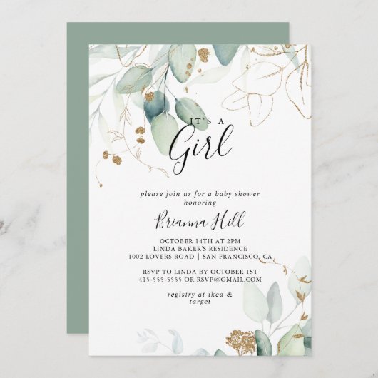 Es ist eine Girl Gold Eukalyptus Baby Dusche Einladung (Vorne/Hinten)