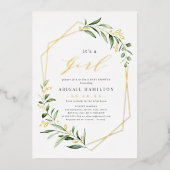 Es ist eine Girl Greenery Gold Geometric Baby Dusc Folieneinladung (Vorderseite)