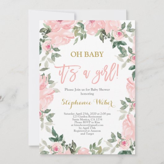 Es ist eine Girl pink Aquarell Flora Babydusche Einladung (Vorderseite)