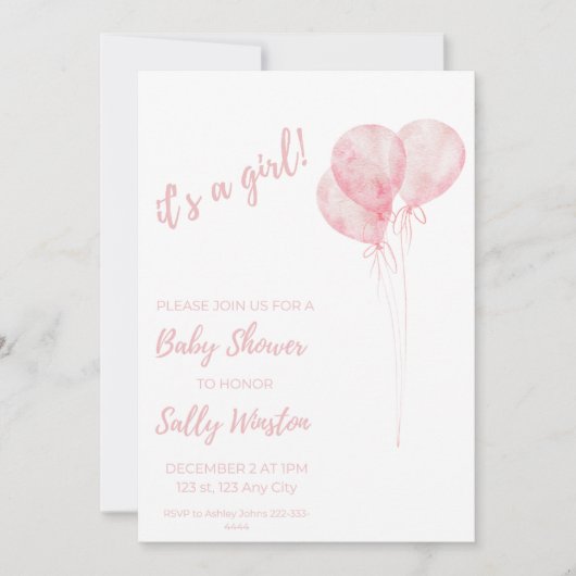 Es ist eine Girl Pink Balloons Baby Dusche Einladu Einladung (Vorderseite)