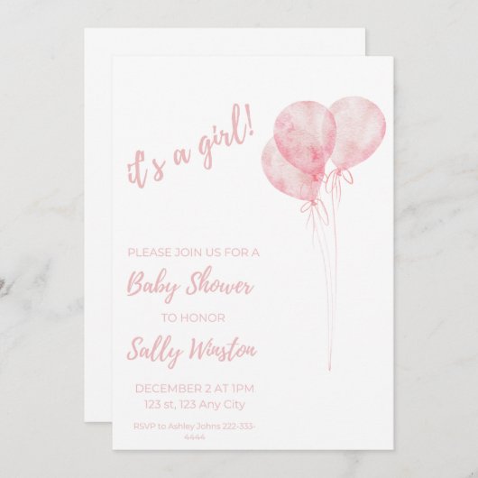 Es ist eine Girl Pink Balloons Baby Dusche Einladu Einladung (Vorne/Hinten)