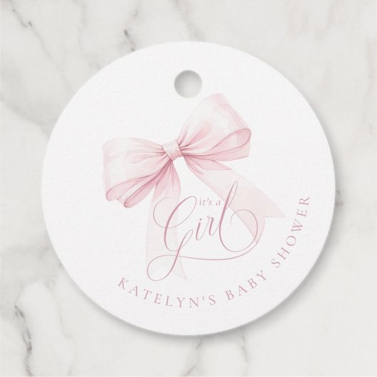 Es ist eine Girl Pink Bow Baby Dusche Geschenkanhänger (Rückseite)