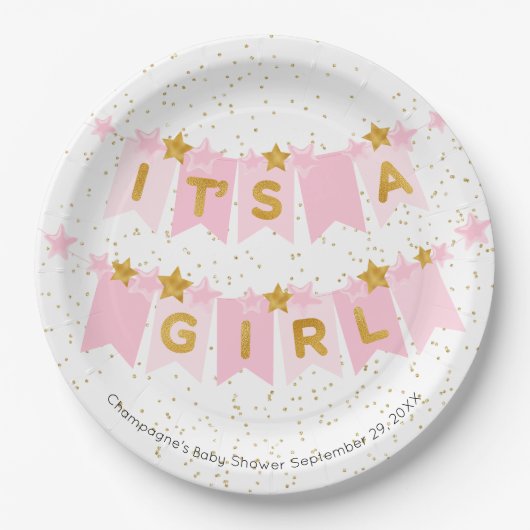 Es ist eine Girl Pink Bunting Flags Baby Dusche Pappteller (Vorderseite)