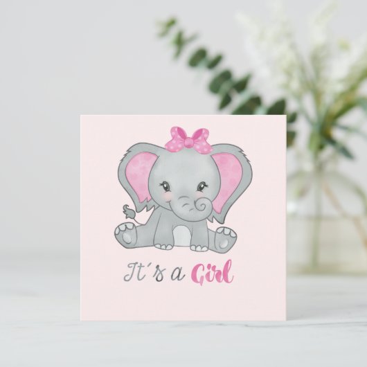 Es ist eine Girl Pink Foto Elephant Birth Announce (Stehend Vorderseite)