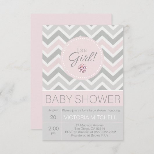 Es ist eine Girl Pink/Gray Zickzack Babydusche Einladung (Vorne/Hinten)