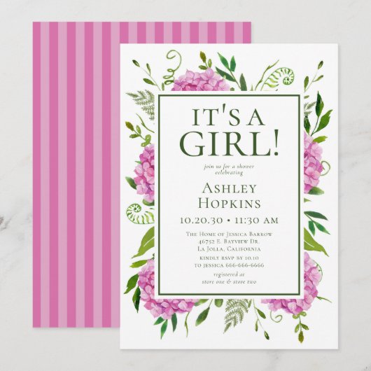 Es ist eine Girl-Pink-Hydrangeas-Kinderdusche Einladung (Vorne/Hinten)