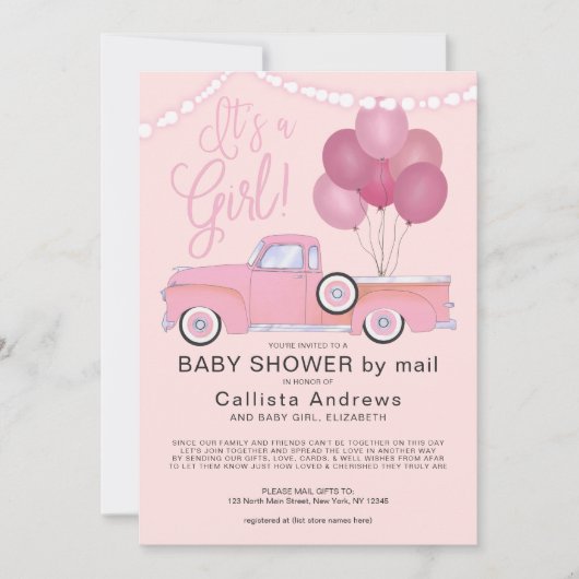 Es ist eine Girl Pink Truck Balloons Lights Baby D Einladung (Vorderseite)