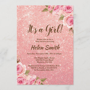 Es ist eine Girl Rose Gold Glitzer Floral Baby Dus Einladung