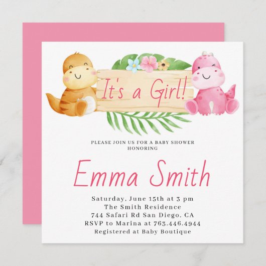 Es ist eine Girl Watercolor Dinosaur Baby Dusche Einladung (Vorne/Hinten)