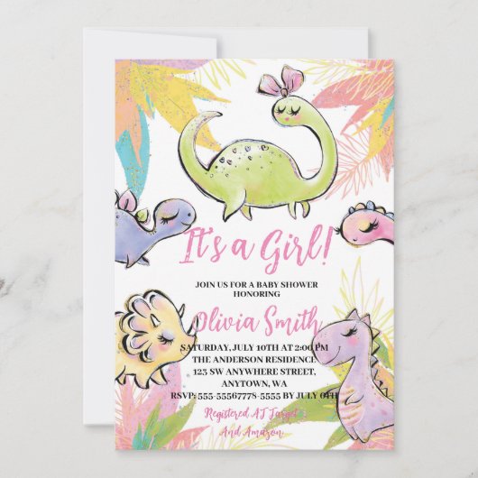 Es ist eine Girl Watercolor Dinosaur Baby Dusche Einladung (Vorderseite)