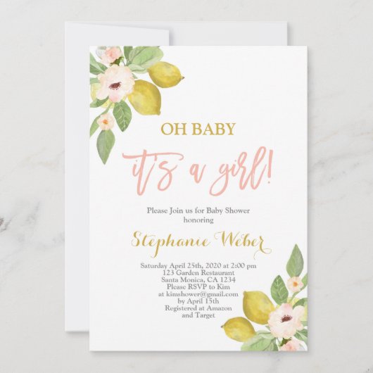 Es ist eine Girl-Zitrus-Lemons-Kinderdusche Einladung (Vorderseite)