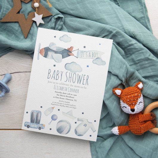 Es ist eine Junge Airplane WatercoIor Dusche Einla Einladung