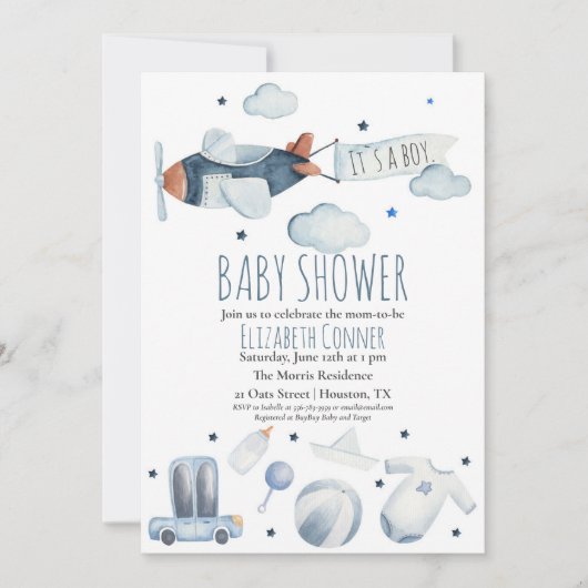 Es ist eine Junge Airplane WatercoIor Dusche Einla Einladung (Vorderseite)