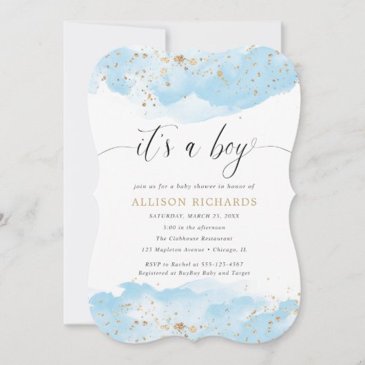 Es ist eine Junge Aquarellblau-und goldene Babydus Einladung (Vorderseite)