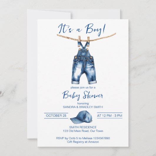 Es ist eine junge blaue Jeans Baby Duschvorlage Einladung (Vorderseite)