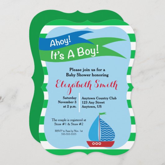 Es ist eine junge, blaue und grüne Kinderdusche Einladung (Vorne/Hinten)