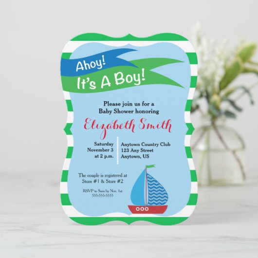 Es ist eine junge, blaue und grüne Kinderdusche Einladung (Stehend Vorderseite)