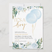 Es ist eine junge Blue Balloon Greenery Baby Dusch Einladung (Vorderseite)