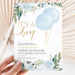 Es ist eine junge Blue Balloon Greenery Baby Dusch Einladung<br><div class="desc">Das ist ein Junge! Blauer Ballon,  Grün und Imitate goldene Babydusche Einladung.</div>