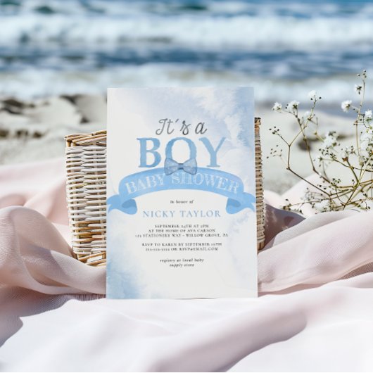 Es ist eine junge Blue Dusty Bow Baby Dusche Einladung