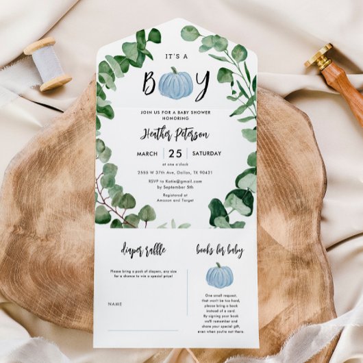 Es ist eine junge Blue Pumpkin Boy Baby Dusche All In One Einladung