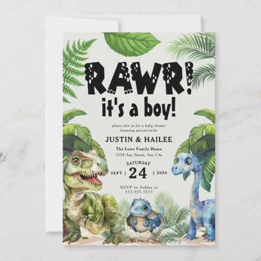 Es ist eine junge Dinosaurier Babydusche Einladung (Vorderseite)