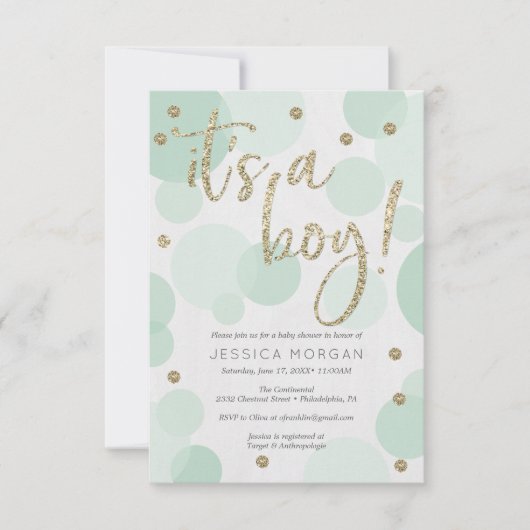 Es ist eine junge grüne Polka Dot Baby Dusche Einl Einladung (Vorderseite)