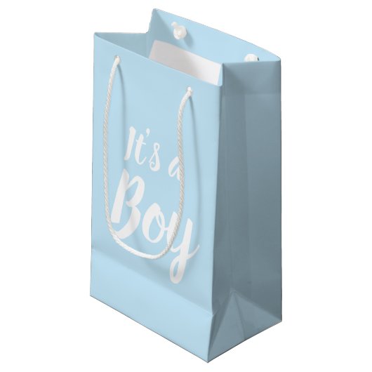 Es ist eine junge, hellblaue Babydusche, Gender-En Kleine Geschenktüte (Vorderseite Schrägansicht)