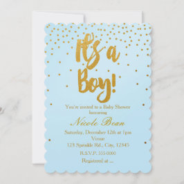 Es ist eine junge helle Blue & Gold Confetti Einla Einladung