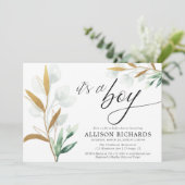 Es ist eine junge, moderne, grüne goldene Babydusc Einladung (Stehend Vorderseite)