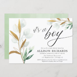 Es ist eine junge, moderne, grüne goldene Babydusc Einladung