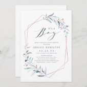 Es ist eine Junge Rose Gold Blue Greenery Baby Dus Einladung (Vorne/Hinten)