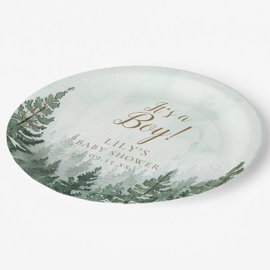 Es ist eine junge rustikale Pinienwalddusche Pappteller (Schrägansicht)