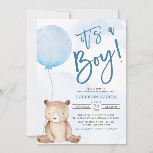 Es ist eine junge Teddy Bear Blue Balloon Baby Dus Einladung (Vorderseite)