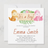 Es ist eine Junge Wasserfarbe Dinosaurier Babydusc Einladung (Vorderseite)