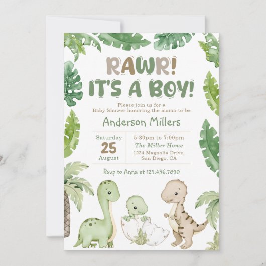 Es ist eine Junge Wasserfarbe Dinosaurier Babydusc Einladung (Vorderseite)