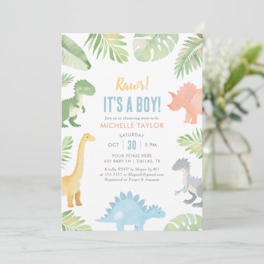 Es ist eine Junge Wasserfarbe Dinosaurier Babydusc Einladung (Stehend Vorderseite)