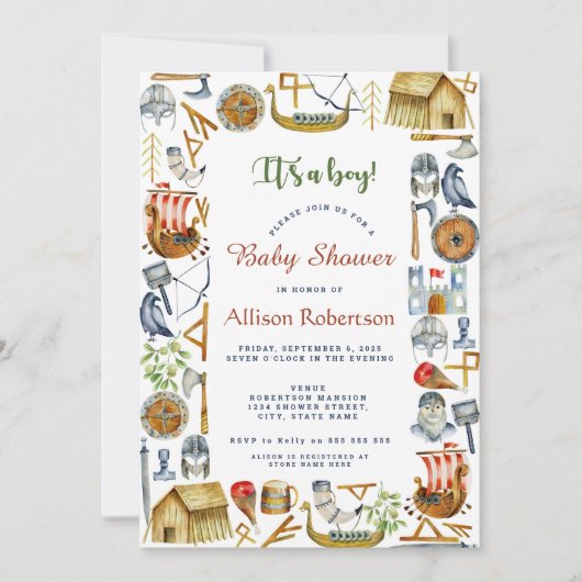 Es ist eine Junge Wasserfarbe Wikings Party Kinder Einladung (Vorderseite)