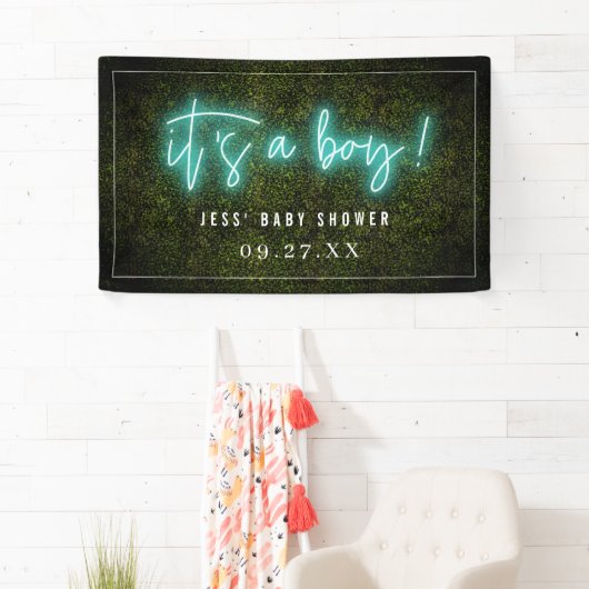 Es ist eine Jungeblaue Neonboxwood-Babyparty Banner (Insitu)