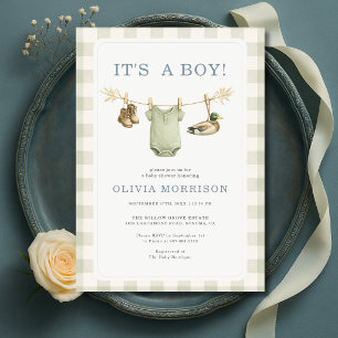 Es ist eine Jungen-Entenjagd-Gingham-Baby-Party Einladung
