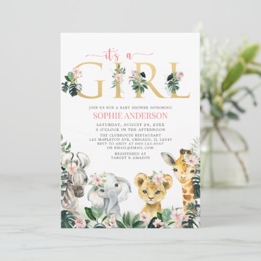 Es ist eine Jungle Animals Baby-Dusche für Mädchen Einladung (Stehend Vorderseite)